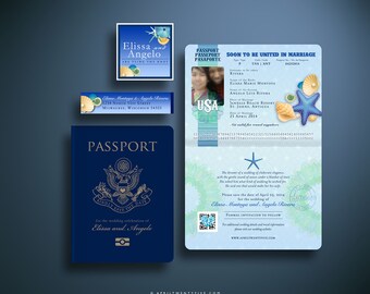 ELISSA Passport Save the Date Card, US Passport, Wedding Invitation, Seashells and Starfish Beach Wedding, Custom Destination Wedding Invite