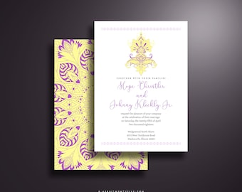 Printed Wedding Invitation Flat Card Invitation Indian Wedding Mandala in Purple and Yellow.