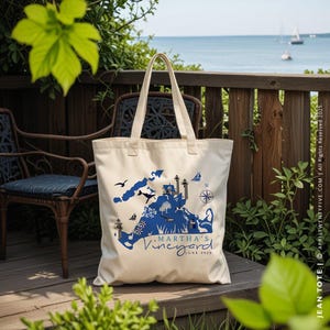 Martha's Vineyard Illustrated Map Tote Bag, Custom Wedding Favor, Massachusetts Beach Bag