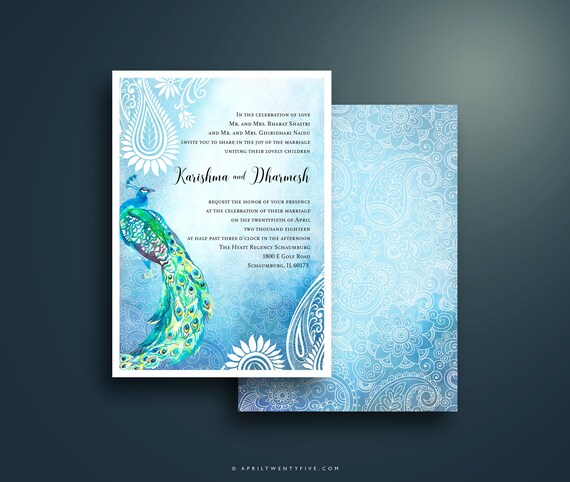 Indian Wedding Invitation Watercolor Peacock Etsy