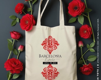 Barcelona Spain Custom Canvas Tote Bag: Red Damask Wedding Favor