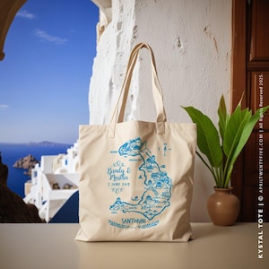 Santorini Greece Custom Watercolor Map Tote Bag - Bridesmaid Gift, Wedding Favor, Corporate Present