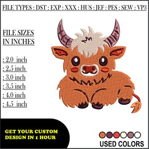 Highland Cow Embroidery Design – Cute Baby Farm Animal Machine File, Dst PES JEF VP3 EXP, Instant Download for Kids or Farm Decor