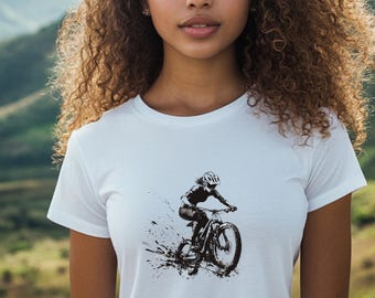 Women's Mountain Bike T-Shirt in Ink Art Style, MTB Shirt for Women, Gift for Mountain Bikers, MTB Gift, Shirt for Female Mountain Bikers