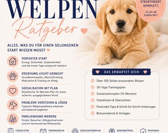 May include: A golden retriever puppy lies on a white surface next to text in German. The text includes "Puppy Guide" and information on training, socialization, and understanding puppy behavior. The guide promises over 100 pages of practical knowledge.