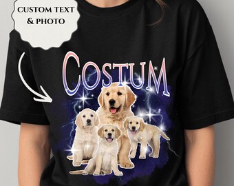 May include: Black t-shirt featuring a graphic of four golden retriever dogs with a blue and purple background and lightning bolts. The word "Costum" is written in a gradient font. A white text box with the words "CUSTOM TEXT & PHOTO" is in the upper left.