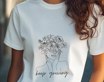 Camiseta con diseño de mujer con flores en estilo lineal – Camiseta de amor propio para mujeres – Camiseta de atención plena – Regalo para el crecimiento personal, Camiseta unisex de atención plena