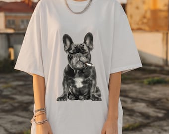 May include: White t-shirt featuring a black and white illustration of a French Bulldog with a cigarette in its mouth. The dog has a white patch on its chest. The shirt has short sleeves and a relaxed fit.