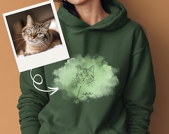 May include: Dark green hoodie featuring a cat face design with the name "Luna" in script. The design is on a light green cloud-like shape. A photo of a cat is on a polaroid-style frame, connected by an arrow.