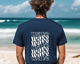 Surfer T-shirt with back print "wave" – wave lettering for beach, sea & van life – unisex summer shirt for beach, vacation, camping