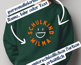 Schulkind 2026, Personalisierbares Schulkind Sweatshirt mit Smiley, Name, Jahr, Text, Pullover Einschulung 2026, Geschenk zum Schulanfang