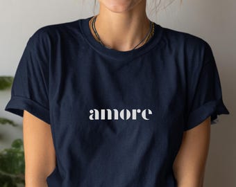Amore T-shirt, snygg statement-tröja med bokstäver | Unisex present till honom och henne, kärleks-T-shirt, statement-T-shirt, positiva vibbar