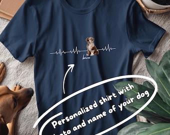 Gift for dog lovers, personalized dog t-shirt with heartbeat, own dog photo and name, gift for dog owners