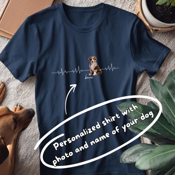 Cadeau voor hondenliefhebbers, gepersonaliseerd honden-T-shirt met hartslag, eigen foto en naam van de hond, cadeau voor hondenbezitters