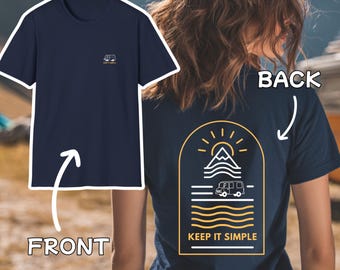 Vanlife T-Shirt Keep it Simple, Camping Shirt, Minimalist Campervan Backprint, Pocket Print, Unisex Shirt Camping Mountains Waves Sun