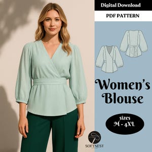 Wrap Blouse Sewing Pattern PDF: V-Neck Bishop Sleeves (Sizes M-4XL)