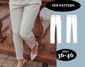 Puede incluir: Un patrón PDF para pantalones en tallas 36-46. El patrón se muestra en un pantalón blanco que lleva una persona de pie en una escalera de piedra.