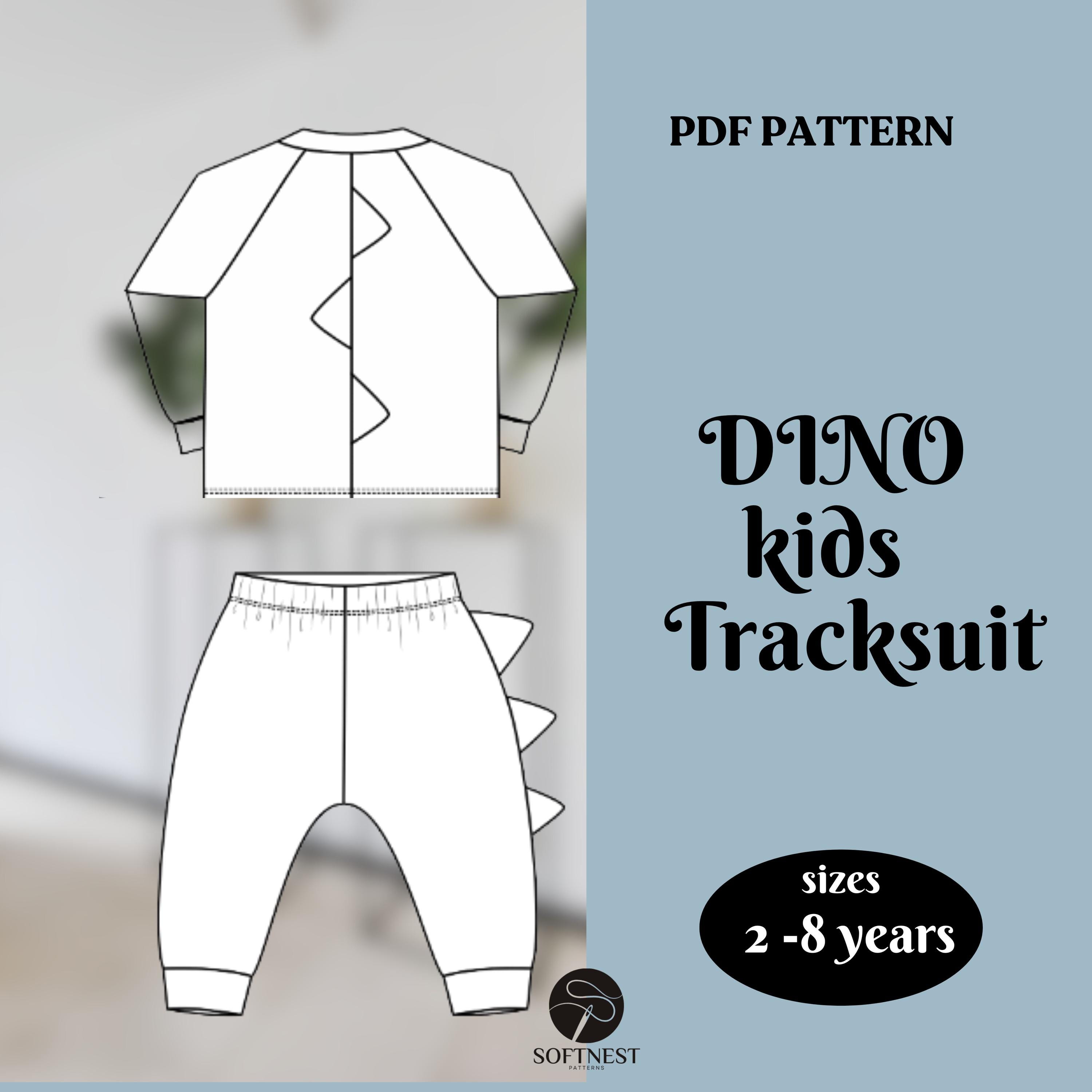 Modello di cucito per tuta Dino per bambini: felpa e pantaloni per principianti (taglie 2T-8) (modello PDF)