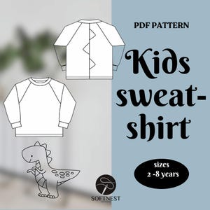 Op de afbeelding: PDF-naai-patroon voor een kindertrui met een dinosaurusontwerp. Het patroon omvat maten 2-8 jaar.