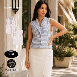 May include: A sleeveless vest in a light blue and white textured fabric with a notched lapel and two front buttons. The image includes a technical line drawing of the vest, the text PDF PATTERN, sizes S-3XL, and the SOFTNEST PATTERNS logo.