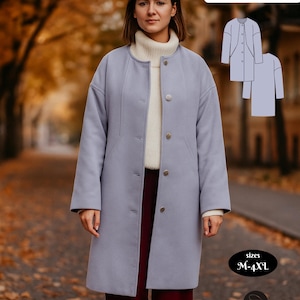 May include: A light blue coat with a round collar and button closure. The image includes a pattern diagram and text that reads "PDF PATTERN Beginner-Friendly" and "sizes M-4XL". The coat is worn over a white turtleneck.