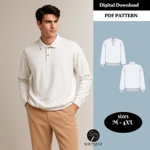 May include: Cream-colored long-sleeve polo shirt with a button-down collar. The image also includes a PDF pattern for the shirt, with sizes M-4XL. The words "Digital Download" and "PDF PATTERN" are visible.