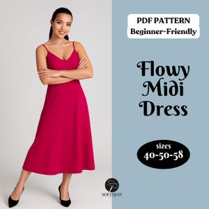 Puede incluir: Un vestido midi magenta con tirantes finos y cuello en V. El patrón PDF es apto para principiantes y está disponible en tallas 40-58. El texto "Flowy Midi Dress" se muestra sobre un fondo azul claro.
