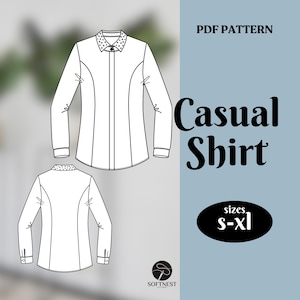May include: A white casual shirt pattern with a dotted collar, long sleeves, and buttoned cuffs. The image shows front and back views of the shirt design. Text on the image reads "PDF Pattern" and "Casual Shirt" with size options "s-xl".