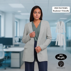Puede incluir: Una mujer con una blazer gris claro con estampado de cuadros, combinada con una blusa verde y pantalones azul oscuro. La imagen incluye un gráfico de patrón PDF con el texto "Beginner-Friendly" y tallas M-4XL.