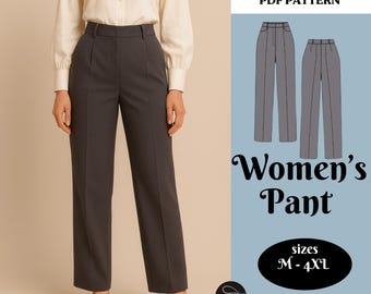 May include: A woman wearing dark gray high-waisted pants. The pants are part of a PDF pattern digital download. The pattern includes a Women's Pant design, available in sizes M-4XL. The image also shows a pattern illustration.