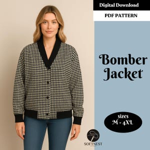 May include: A woman wearing a black and white houndstooth bomber jacket with a black collar and cuffs. The jacket is buttoned up. Text on the right says "Bomber Jacket" and "sizes M - 4XL". The image is a digital PDF pattern.