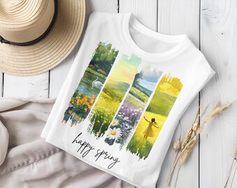 Happy Spring Joy Springtime Season Flowers Brush StrokeTrendy Brushstroke Brush Stroke Design PNG Sublimation Printing T-Shirt Mug Gift