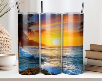 Strand oceaan palmboom tropische vakantie zonsondergang magere beker recht 20oz naadloze omslag sublimatie trendy design png digitale download