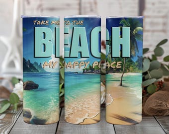 Strand My Happy Place Skinny Tumbler Recht 20oz Naadloze Wrap Sublimatie Trendy Design PNG Digitale Download Zand Tropische Zomer Oceaan