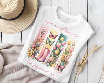 Springtime Happiness Joy Spring Season Butterfly Flowers Trendy Brushstroke Brush Stroke Design PNG Sublimation Printing T-Shirt Mug Gift