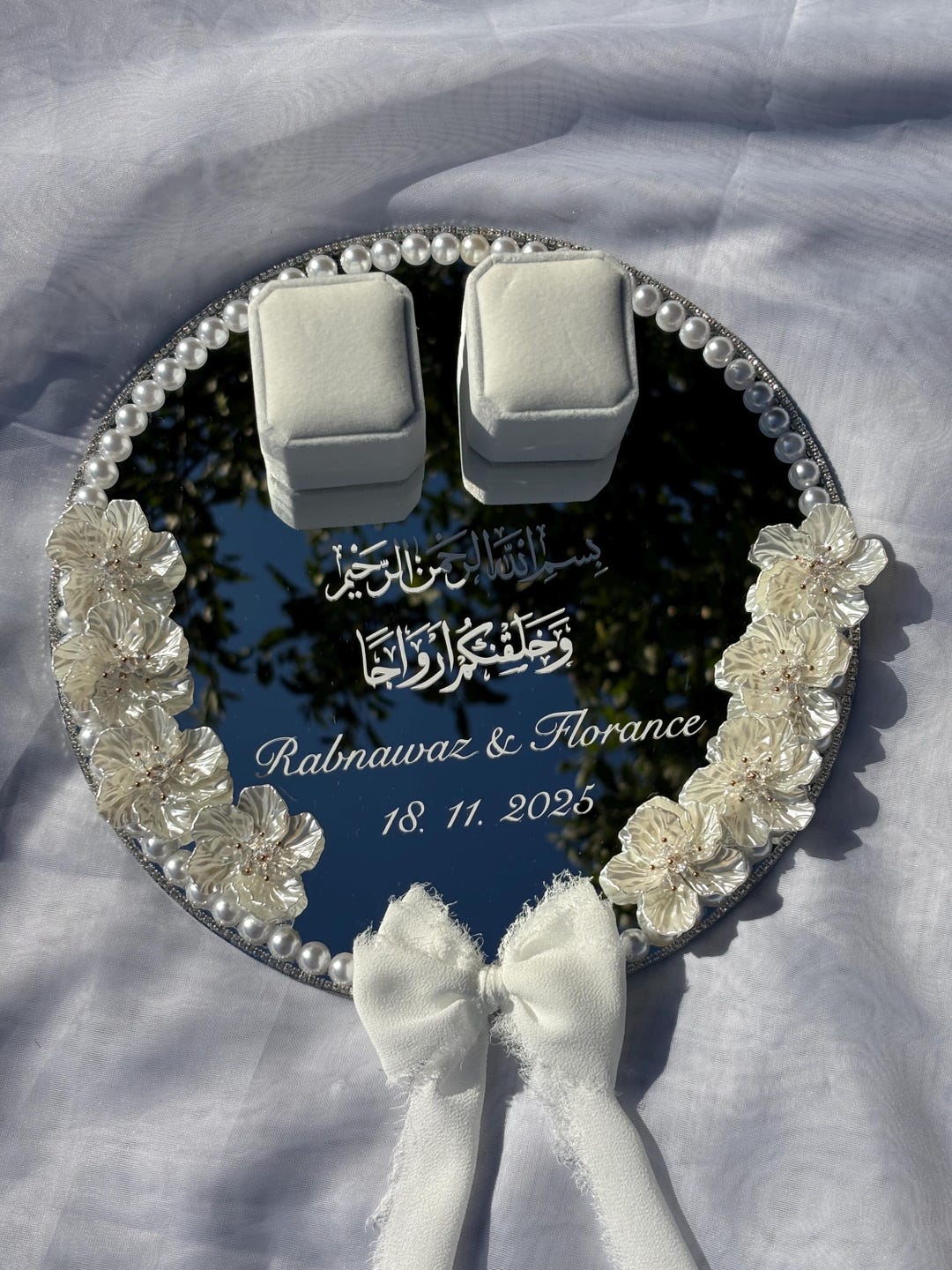 Personalized Nikah Ring Tray: Custom Arabic Calligraphy, Pearl Border ...