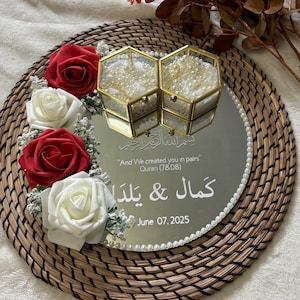 Custom Mirror Ring Tray | Personalized Engagement Ring Holder| Nikkah Ceremony Tray | with two gold ring boxes