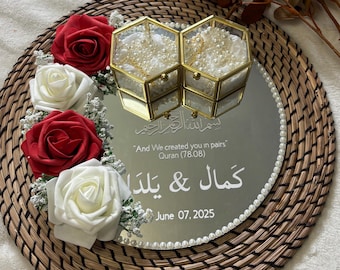 Personalized Mirror Ring Tray, Nikkah Engagement Plate, Floral Keepsake