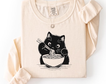 Comfort Colors® Cute Cat Ramen Shirt, Kawaii Black Kitten Long Sleeve, Noodle Aesthetic Tee, Anime Cat Lover Gift, Unisex Graphic Shirt