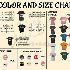 May include: Color and size chart for unisex adult shirts, women's v-neck shirts, youth shirts, toddler shirts, and baby onesies. The chart includes measurements for each size and a variety of color options, including black, white, red, gray, heather gray, heather mauve, natural, orange, forest, pink, and light gray.