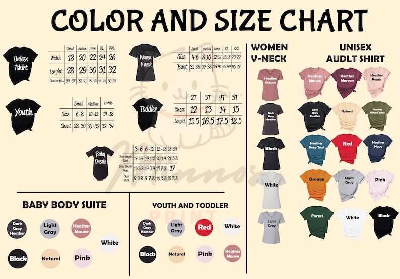 May include: Color and size chart for unisex adult shirts, women's v-neck shirts, youth shirts, toddler shirts, and baby onesies. The chart includes measurements for each size and a variety of color options, including black, white, red, gray, heather gray, heather mauve, natural, orange, forest, pink, and light gray.