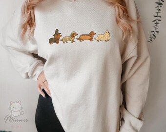 Funny Halloween Dachshund Sweatshirt, Cozy Dog Lover Witch Mummy Hotdog Ghost Pullover, Fall Wiener Dog Shirt,Spooky Pup Gift,Halloween Gift