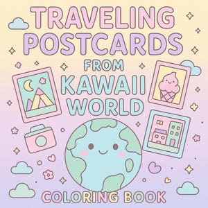 Cartões postais de viagem do mundo kawaii / Livro de colorir digital / Cartões postais de animais fofos / Páginas kawaii para imprimir / Atividade divertida para colorir