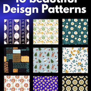 May include: A graphic featuring ten unique design patterns. The designs include floral, geometric, and holiday-themed motifs. The text "10 beautiful Design Patterns" is displayed at the top in white, with a gradient blue background.