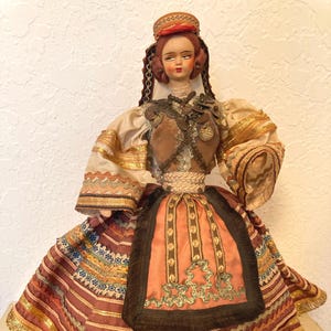 Vintage Rare Eastern European Travel Doll, Traditional Folk Wedding Dress of Ornate Handmade Cloth – 1950s, likely Romanian, 13.3&quot; tall