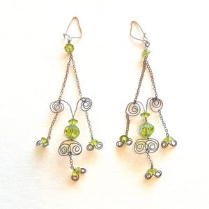Vintage 1960s Renaissance Faire Wirework Drop Earrings. Airy and Feminine, Handmade Green Faceted Glass Beads and Scroll Filigree.
