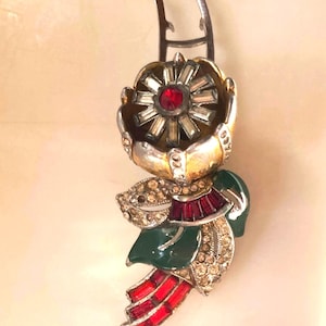 Vintage Rhinestone Flower Brooch | Enamel Red Green Gold Pin | Hair Clip, Art Deco Style Jewelry
