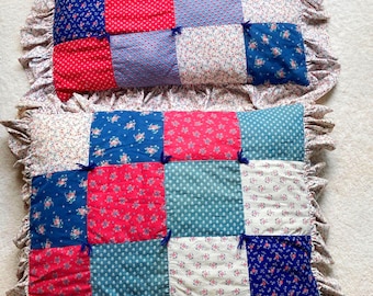 Ruffled Floral Shams: Vintage, Quilted, Red-White & Blue Patchwork Cotton Pillowcase