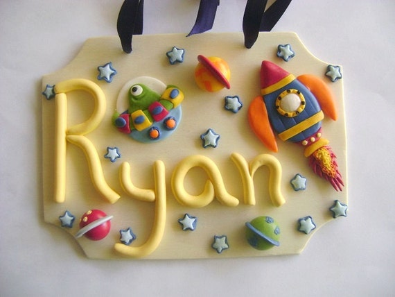 Kids Clay Door Sign Personalized Door Hanger Spaceship Stars Planets Aliens Room Decor Gift Ideas Custom Name Sign Made To Order