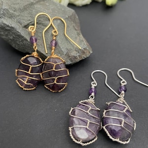 Amethyst Crystal Earrings, Dangle Earrings, Large Earrings, Gold and Silver Wire Wrap Crystal Earrings